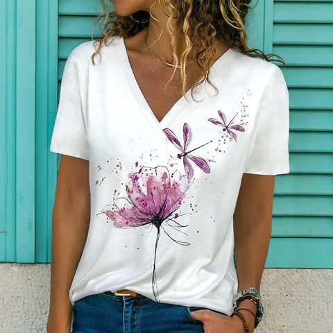 Summer Women Short Sleeve V-neck Oversized T Shirt for Women White Fashion Ladies T-shirt 3d Dragonfly Print Top Casual Clothes