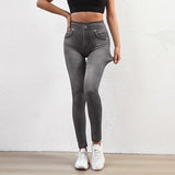 Jeggings Faux Denim Jeans Women Leggings High Waisted Tummy Control Slim Leggins Printed Pencil Pants Seamless Skinny Trousers